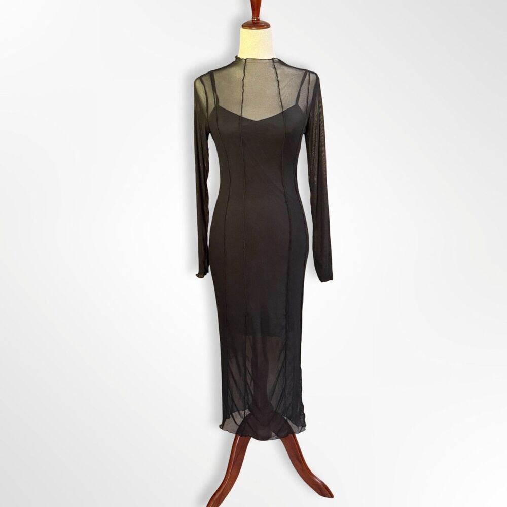 Le Lis, Black Mock Neck Long Sleeve Sheer Mesh Midi Dress, L Minimal Whimsigoth